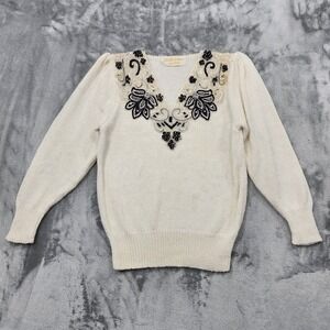 Vintage 80s Lilly of California Sweater Women M Ivory Black Sequin Beaded V-Neck